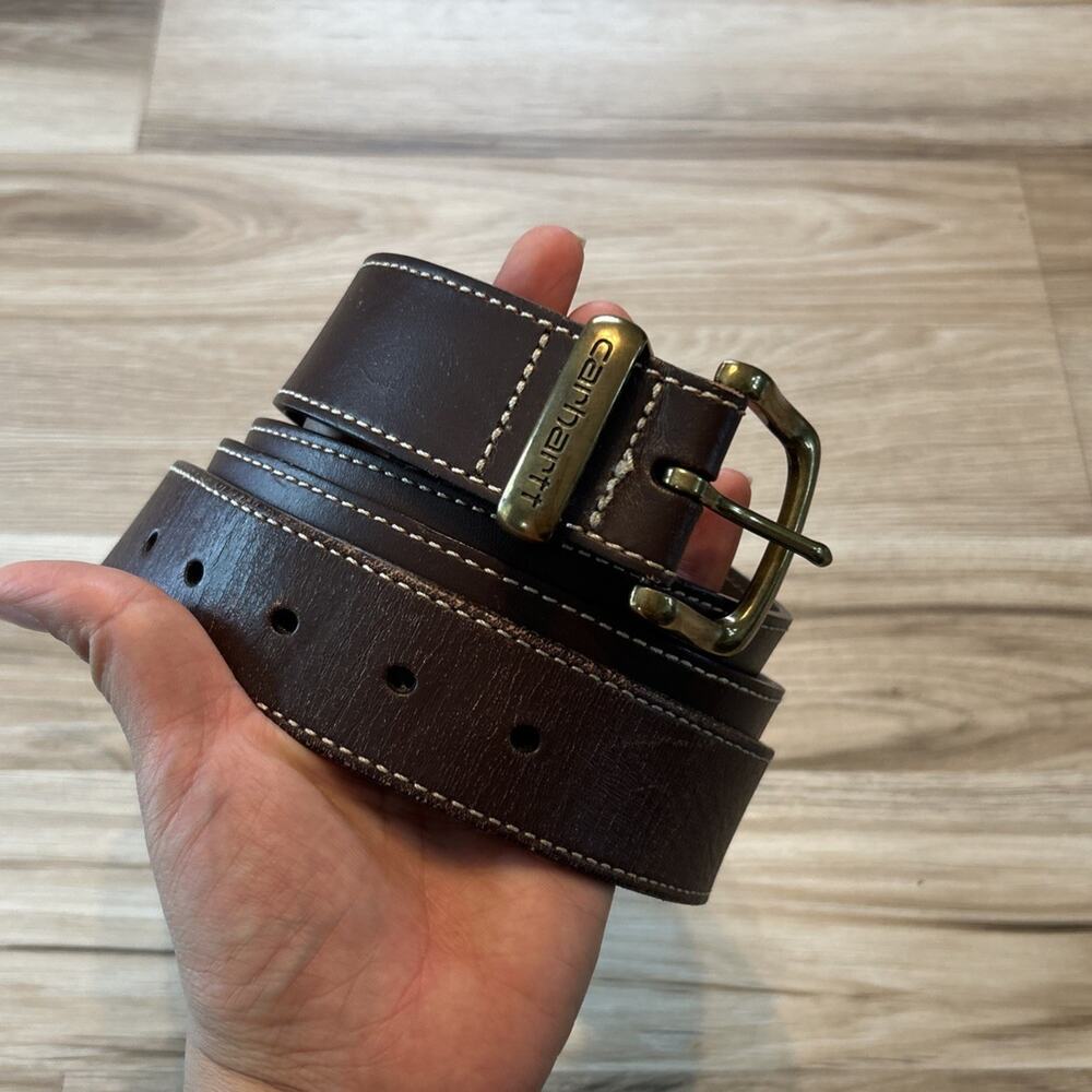 Carhartt Men's Genuine Leather Belt Brass Buckle Brown Workwear Size 50 *NICE